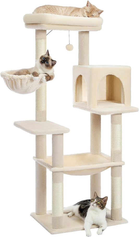 PAWZ Road Cat Tree, 56 Inches Tower Condo with Large Top Perch & Hammock, Cat Tower with Scratching Posts for Indoor Cats，Beige