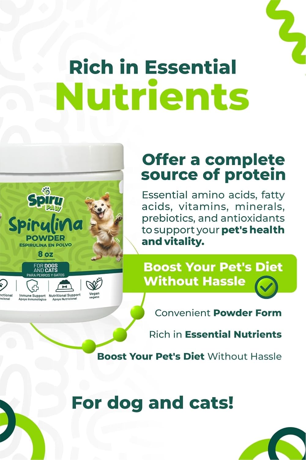 Spirulina-Based Powder for Pets Produced in The Atacama Dessert - Natural Supplement Nutrient-Rich, Essential Amino Acids & Prebiotics - 8 oz