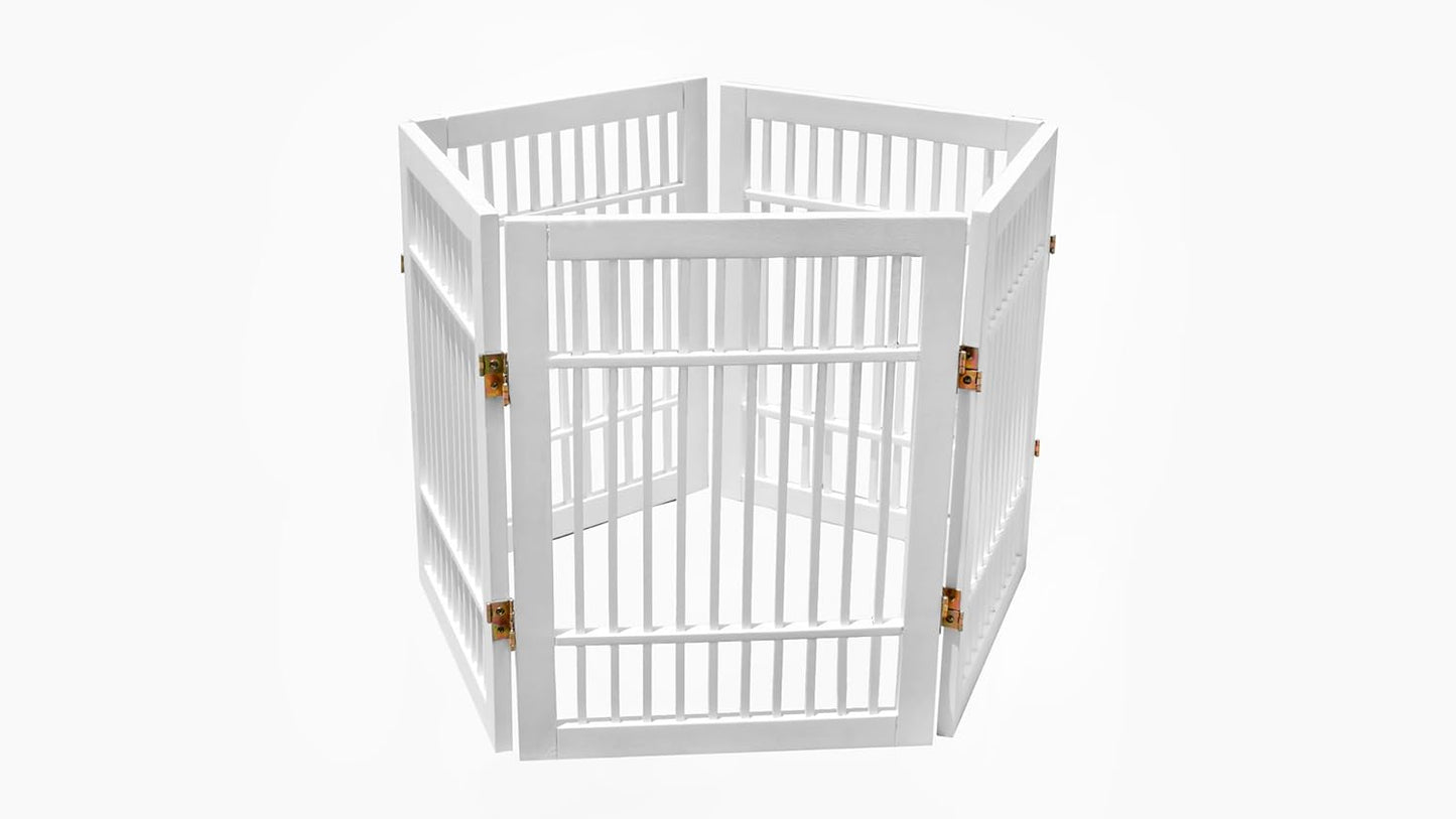 Pet Dog Gate Strong and Durable Freestanding Folding Acacia Hardwood Portable Wooden Fence Indoors or Outdoors by Urnporium (White Pet Gate, 5 Panel 24" Tall)