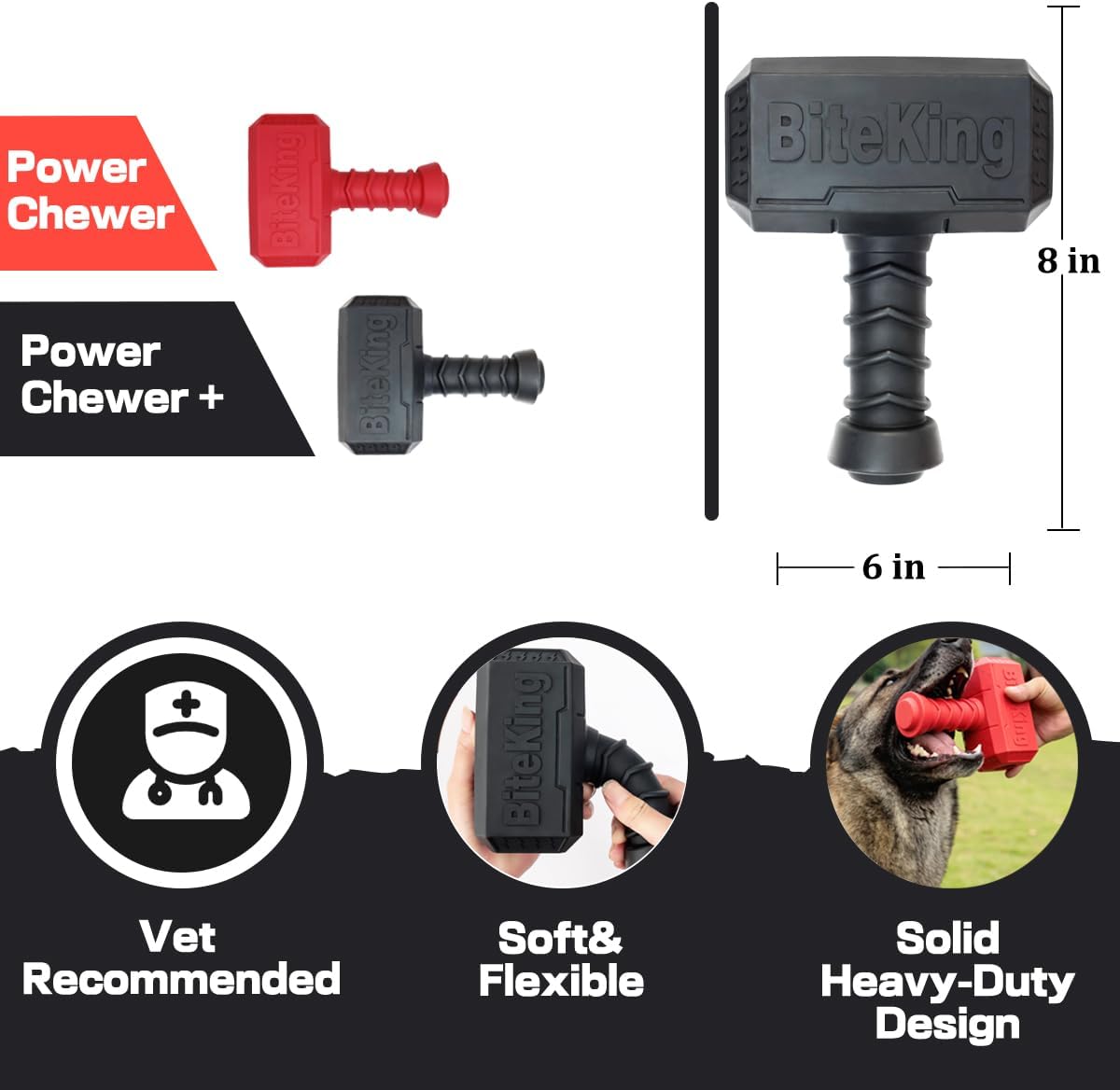 Natural Rubber Dog Toys for Large Aggressive Chewers - Lifetime Replacement - Indestructible Fetch Treat Toy for Large Dogs - Durable Hammer Dog Chew Toy for Super Chewer, Black