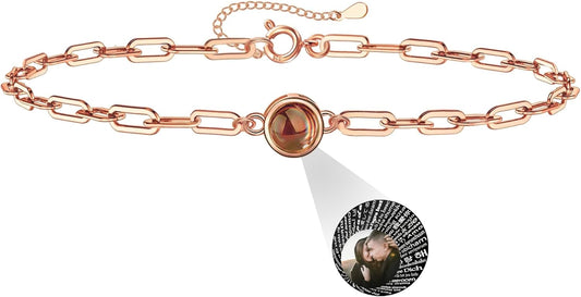Personalized Photo Projection Bracelet 925 Sterling Silver Projection Bracelet with Picture Inside,I Love You 100 Languages Photo Round Pendant Bracelet Gifts for Women Wife Birthday Anniversary