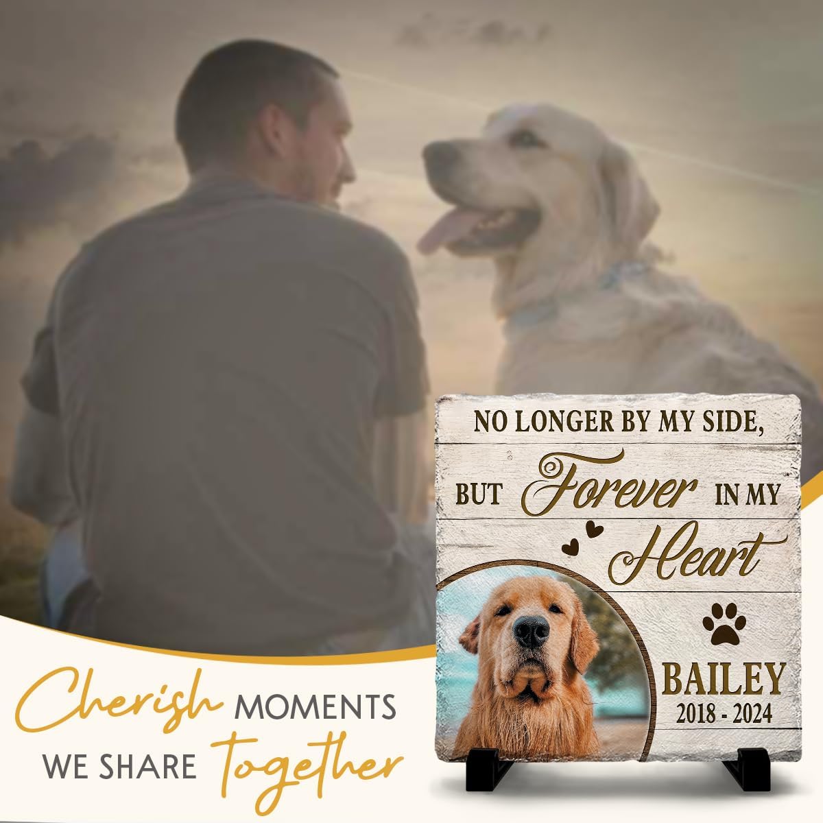 Personalized Pet Memorial Stones for Dogs - Dog Loss Rock with Paw Prints - Sentimental Gifts for Dog Owner and Pet Lover - Square Stone to Keep Dog Picture Frame