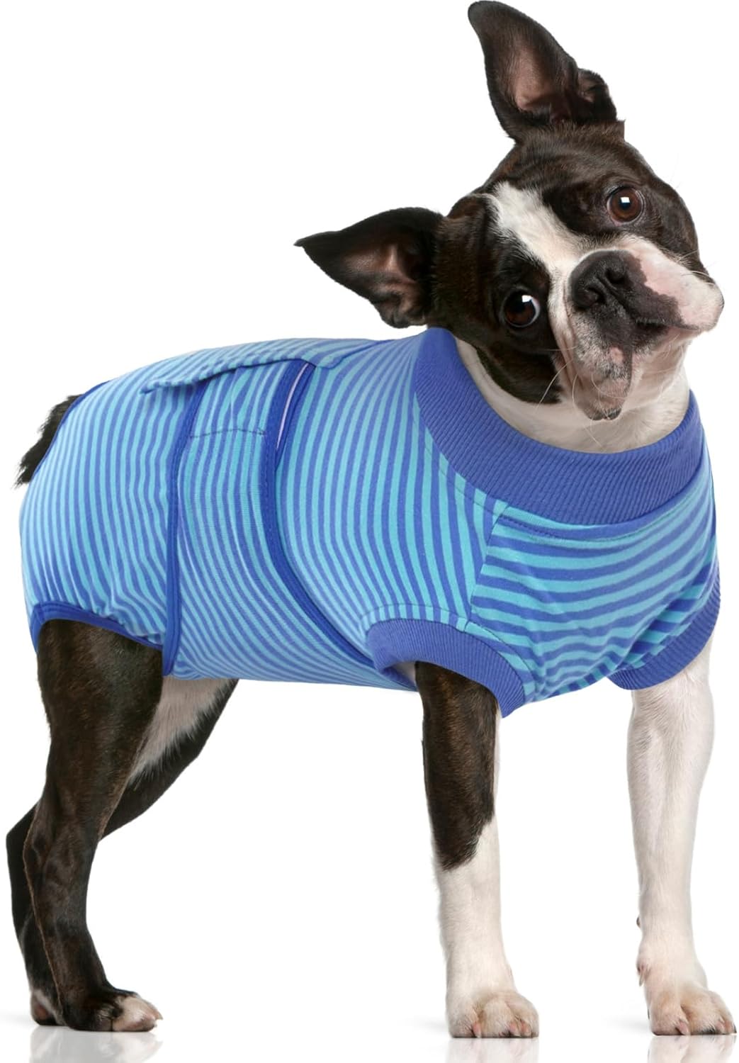 FUAMEY Recovery Suit for Dogs After Surgery,Soft Breathable Dog Bodysuit E-Collar & Cone Alternative Surgical Suit,Male Female Dog Neuter Spay Suits Anti Licking Wounds Onesie Navy Blue Strips L