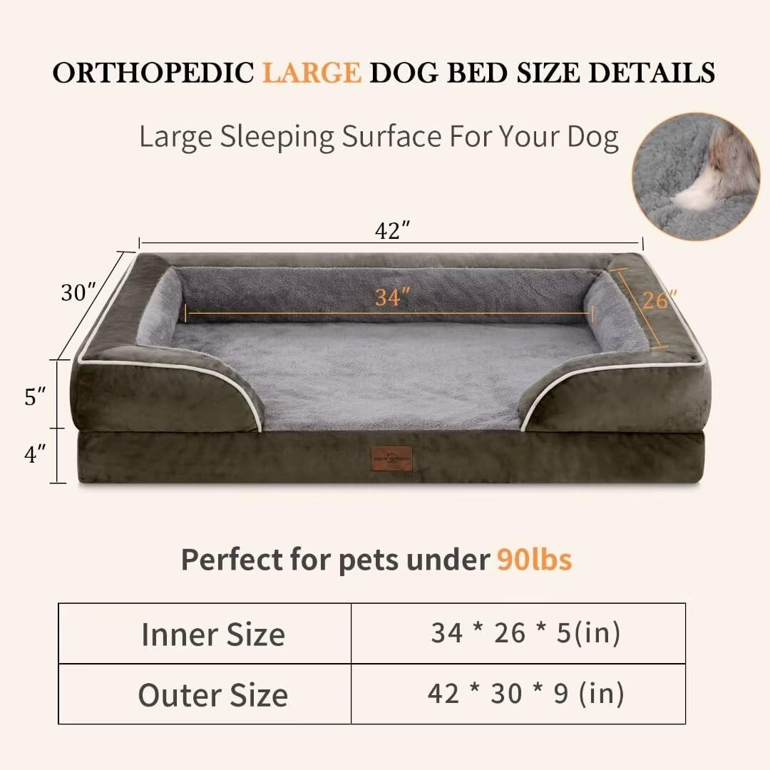 Comfort Expression Orthopedic Dog Bed for Extra Large Dogs 42x30 Inch, Waterproof Supportive Memory Foam XL Pet Bed with Removable Bolster, Dog Couch with Washable Cover & Non-Slip Bottom, Olive Green