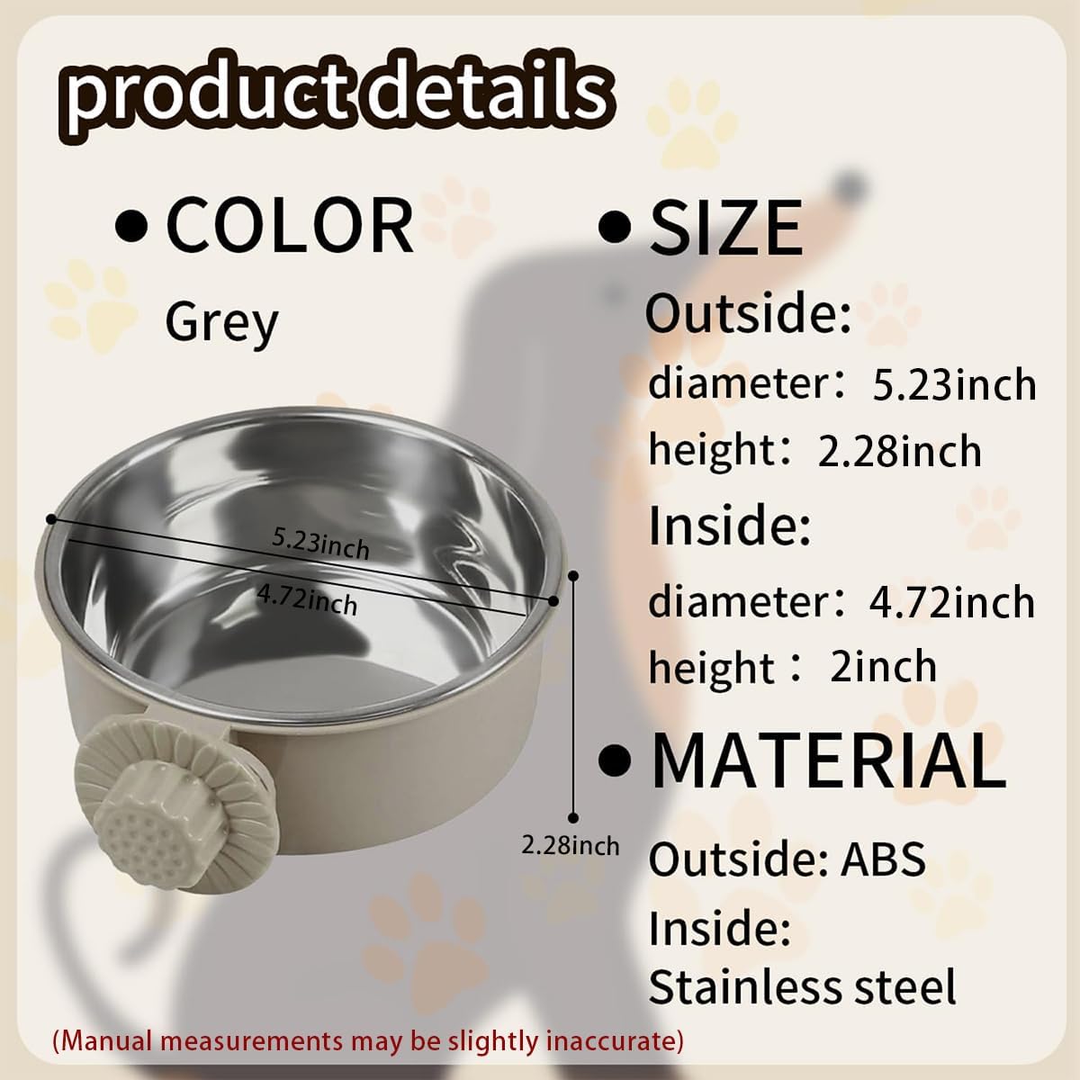 2Pcs Pets Lightweight Stainless Steel Bowl,Removable Stainless Steel Pet Hanging Food Water Feeder Bowl Cage Coop Cup for Puppy Medium Dog Cat Rabbit Ferret Bird Gunea Pigs (Gray, M)