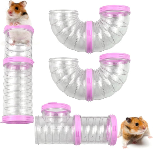 Dwarf Hamster Tubes and Tunnels Set,Mouse DIY Toy Transparent Tube Pet Cage Connection Tunnel Kit Syrian Hamster External Accessories Adventure Pipe for Mice Rat(Pink)