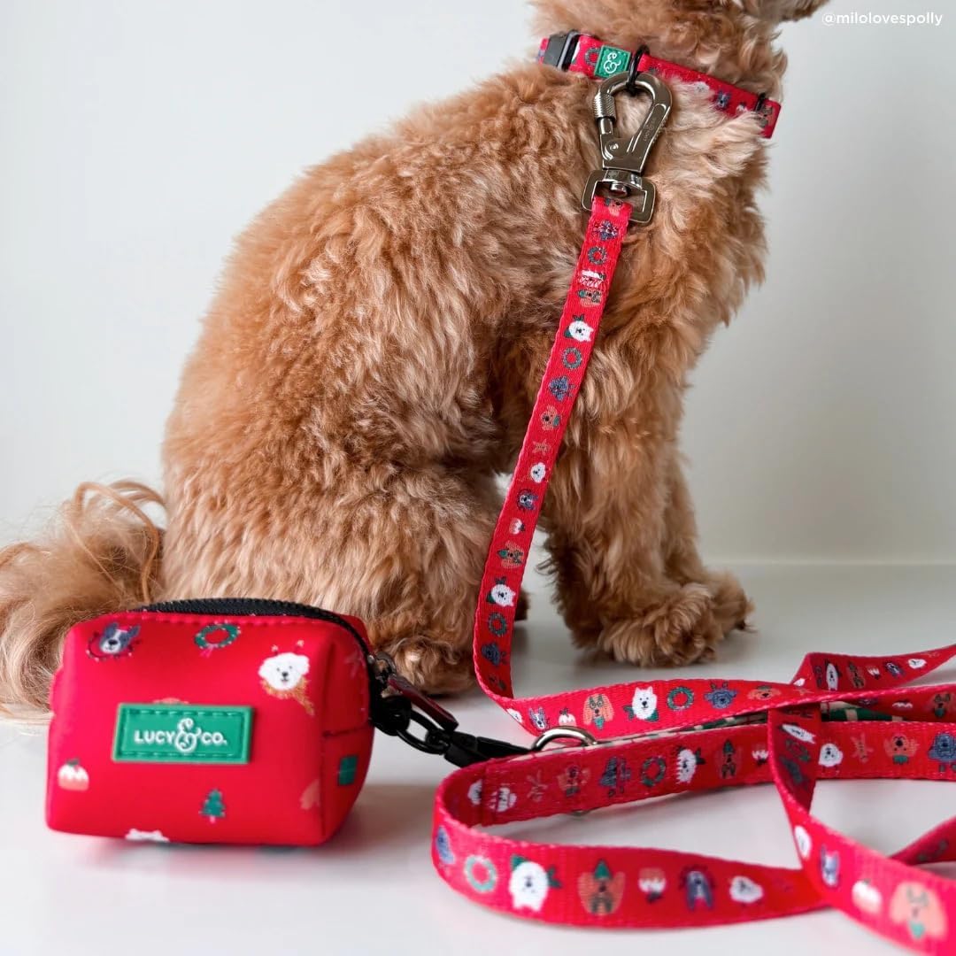 Lucy & Co. Dog Poop Bag Holder - Leak Proof Dispenser with Leash Attachment - Easy Refills - Hygienic Pet Poop Pickup - Happy Howlidays