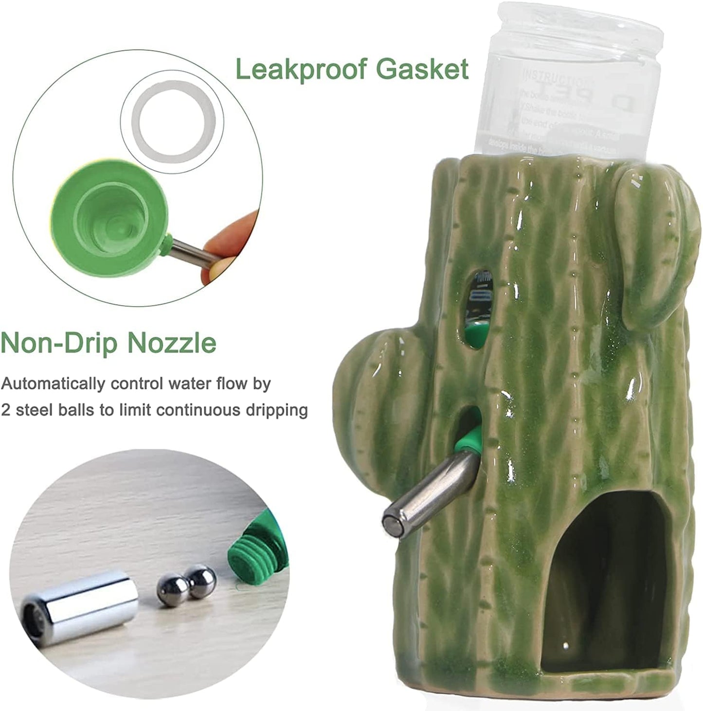 Hamster Water Bottle for Glass Tank, 3-in-1 Adjustable Ceramic Cactus Water Bottle Stand with Holder Dispenser 80ML No Drip for Syrian Dwarf Mice Rat Gerbil Guinea Pig