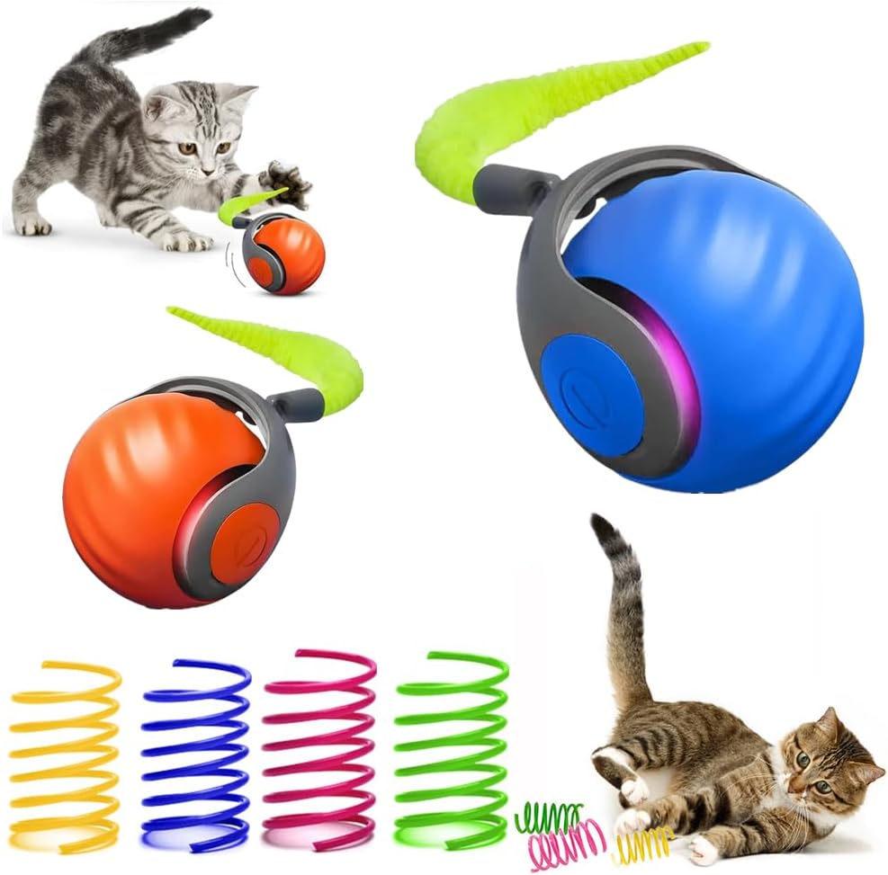 6pcs Interactive Cat Toy Automatic Moving Smart Toy Ball with Replacement Tail for Indoor Bored Cats/Dogs, Sensor Teasing Ball Self-Rolling Pet Chase, Speedy Cat Toys for Pets Exercise (Blue x 2)