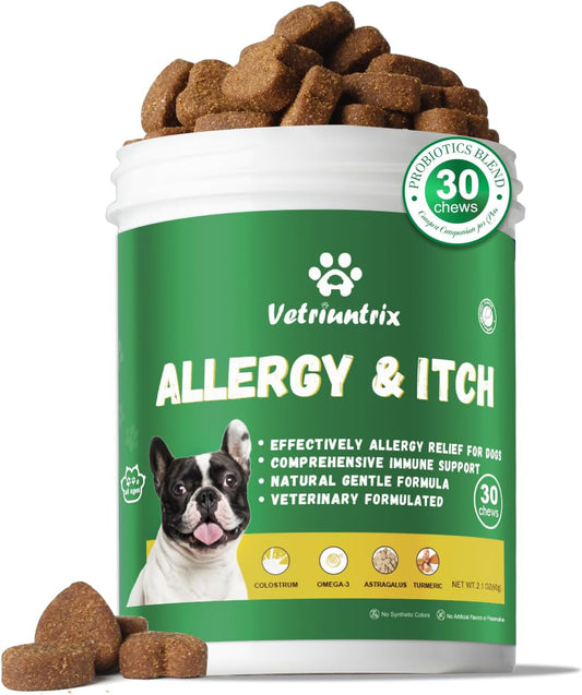 Dog Allergy Chews, Dogs Allergy Relief Chews for Paw Licking Itchy Skin Coat Supplement, Probiotics for Dogs with Colostrum Omega-3 Astragalus Immune Supplement-30ct