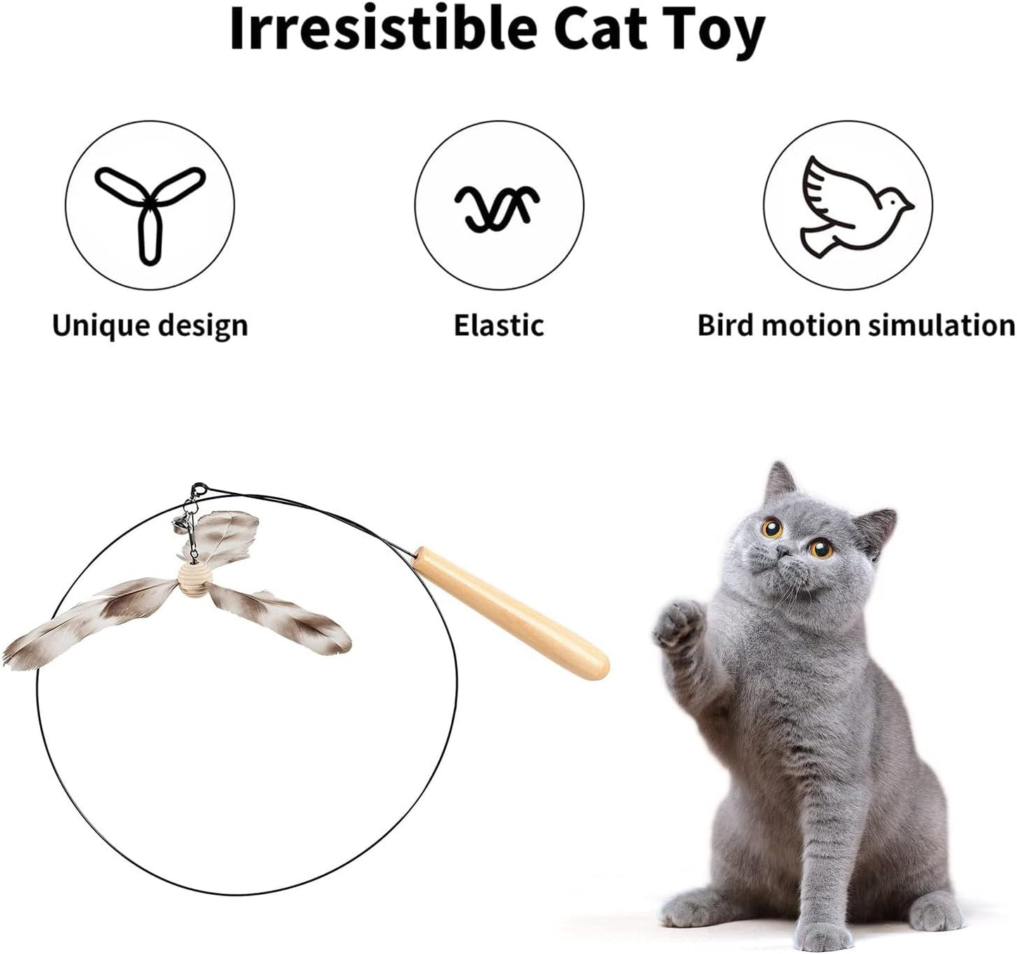 FUKUMARU Cat Wand Toy, 35.5 Inch Cat Feather Propeller Toy with Bell, Steel Wire Cat Toy for Indoor Cats with 4PCS Natural Feather