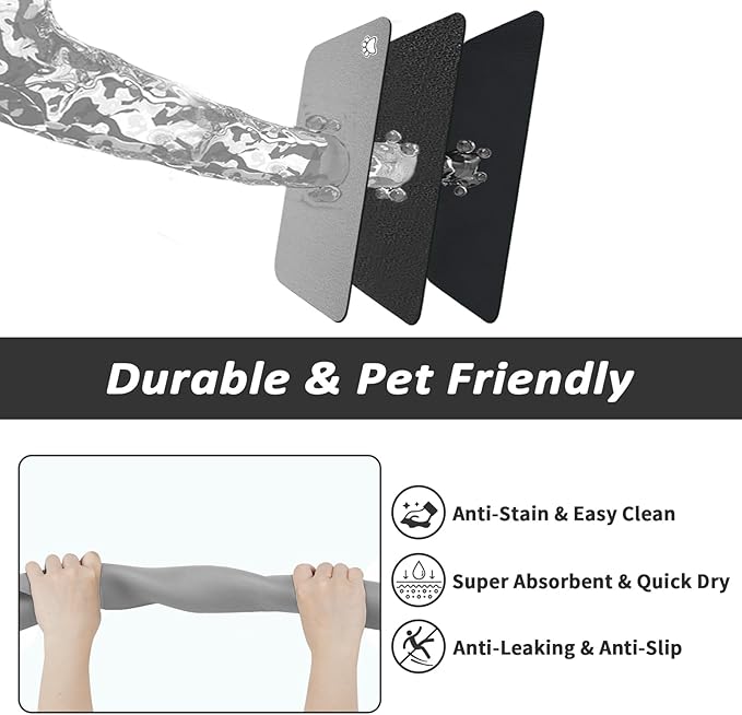 Pet Feeding Mat - Absorbent Dog Mat for Food and Water, No Stains Cat Bowl Mat, Easy to Clean Pet Placemats, Quick Dry Dog Water Dispenser Mat for Messy Drinkers | Paw Grey 18"x 28"