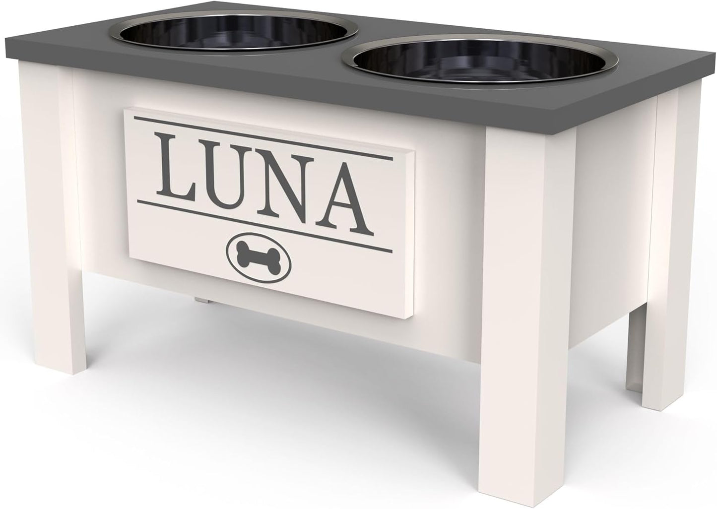 GrooveThis Woodshop - Personalized Elevated Dog Bowl Stand for Large, Medium, Small, X-Small Dogs - Stainless Steel Food and Water Bowls - Raised Dog Dish with Internal Storage (Large, Grey)