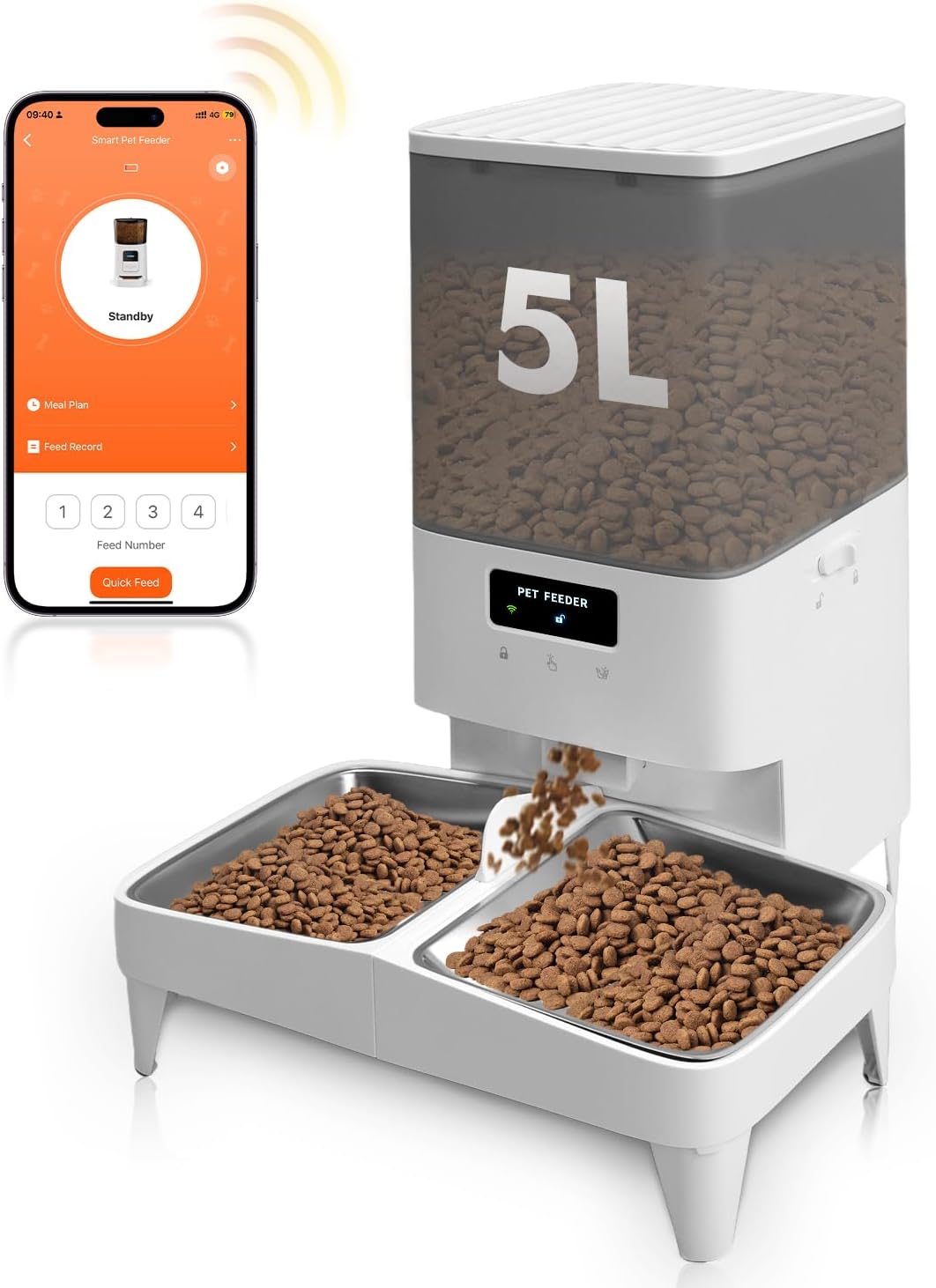 Automatic Cat Feeder for 2 Cats, 20Cups/5L Cat Food Dispenser Automatic, 2.4G WiFi Pet Feeder with Timed APP Control, Stainless Steel Bowls, 1-10 Meals/Day, Dual Power& Detachable for Easy Clean