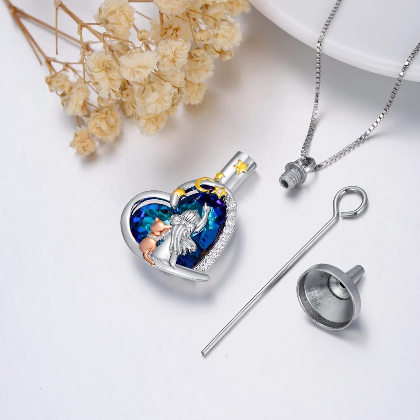 Sterling Silver Pet Urn Necklace for Ashes - Memorial Keepsake for Dog, Cat Pet