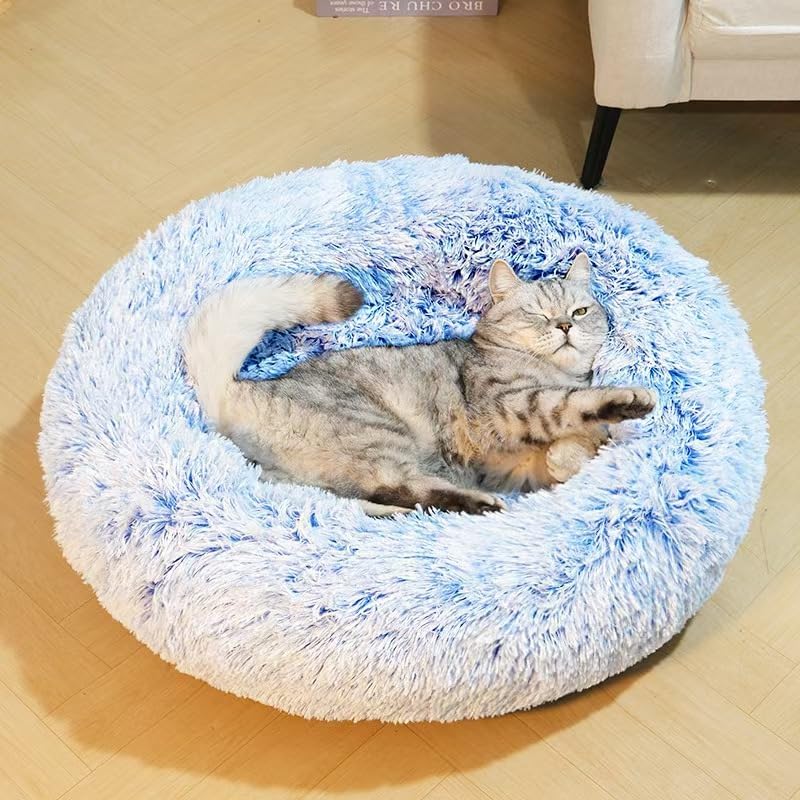 Cat Beds for Indoor Cats - Cat Bed Washable 24 inches, Dog Beds for Small Medium Dogs, Anti Anxiety Round Fluffy Plush Faux Fur Cat Bed, Thick Bottom (Cornflower Blue, Large 24" L x 24" W)