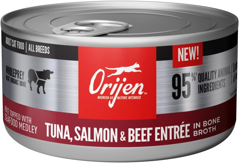 ORIJEN Premium Pate Wet Cat Food in Bone Broth Tuna Salmon & Beef Entrée 3oz Cans (24 Count)