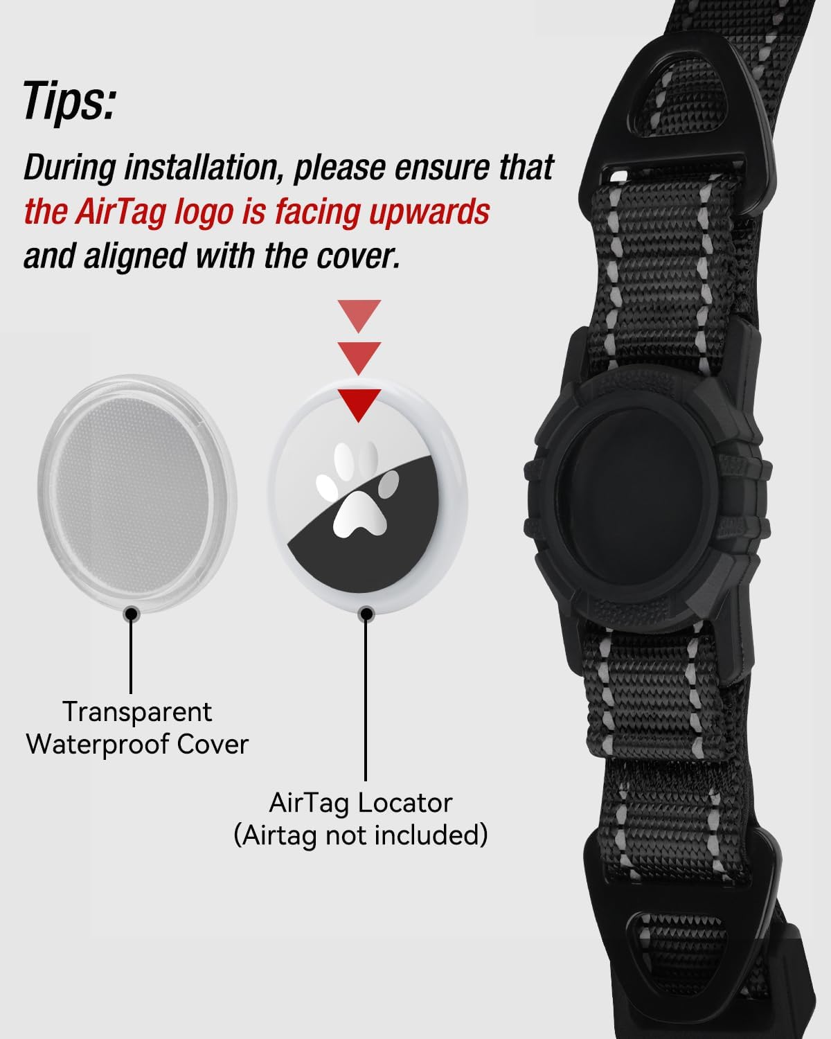 Joytale Airtag Dog Collar, Dual D-Rings, Waterproof Reflective Pet Collar with AirTag Holder, Soft Padded Adjustable for Large Dogs, Black, L