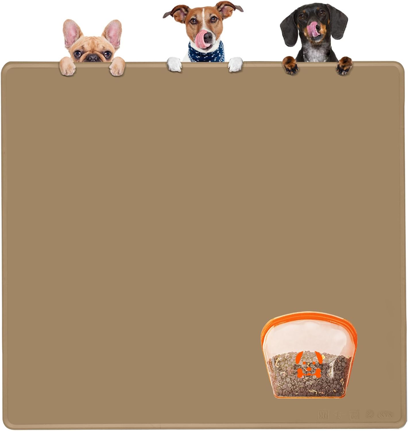 Extra Extra Large Silicone Dog Food Mat 39.4×43.3in and 128oz Silicone Bag Set, Super Size Waterproof Pet Feeding Mat & Container, Non-Slip, Chew-Resistant Floor Protection (Taupe&Orange)