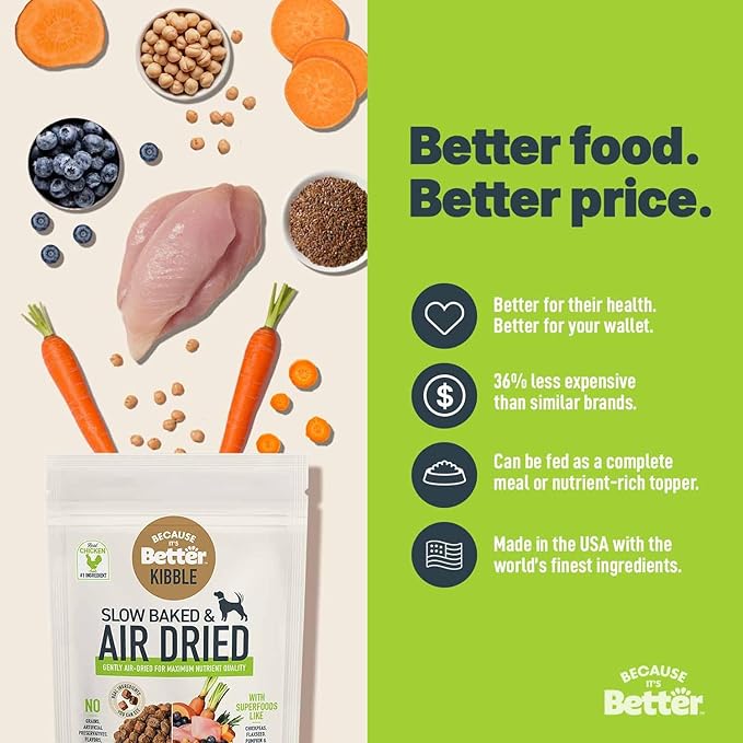 Because it's Better Slow Baked and Air Dried Dog Food, Real Chicken and Veggies, 1lb Bag, Complete and Balanced Dry Dog Food, for All Life Stages