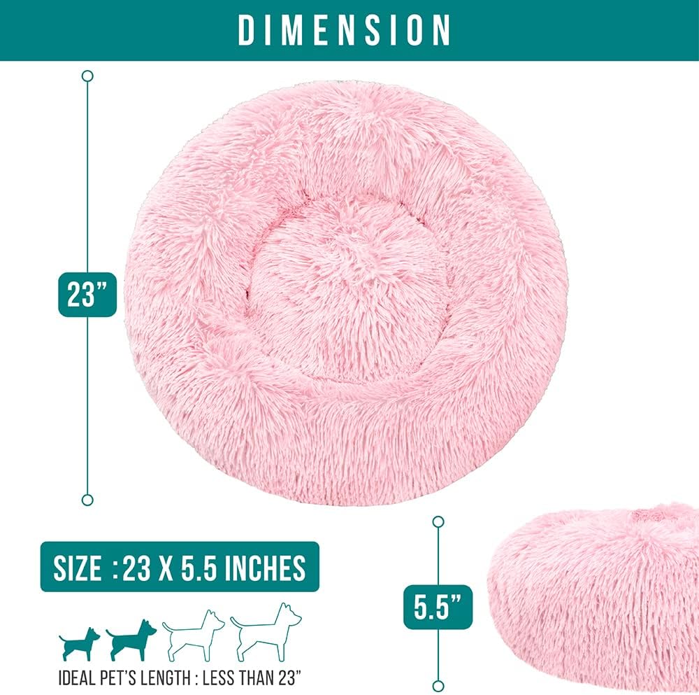 PetAmi Calming Dog Bed for Small Medium Dog Cat, Round Donut Dog Bed Washable, Fluffy Faux Fur Plush Cuddler Pet Kitten Cushion Bed, Anti-Slip, Fits up to 25 lbs, 23 inch, Pink