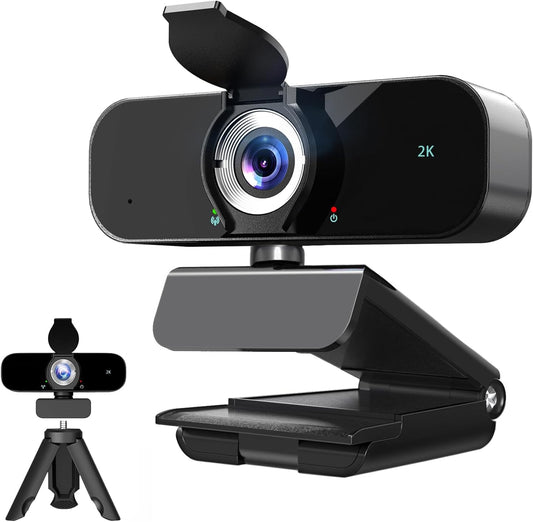 Full HD 2K External Video Camera for Computer/Laptop/Desktop/PC, Web Cam with Microphone, USB Plug&Play, Auto Low Light Correction, Privacy Cover, Tripod, Wide Angle for Meeting/Online Video/Zoom