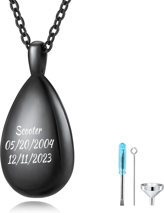 MMXX Personalized Pet Portrait Teardrop Urn Necklace with Name/Photo Stainless Steel Pendant - Cremation Jewelry for Pet Memorial Gifts - Funnel Kit Included