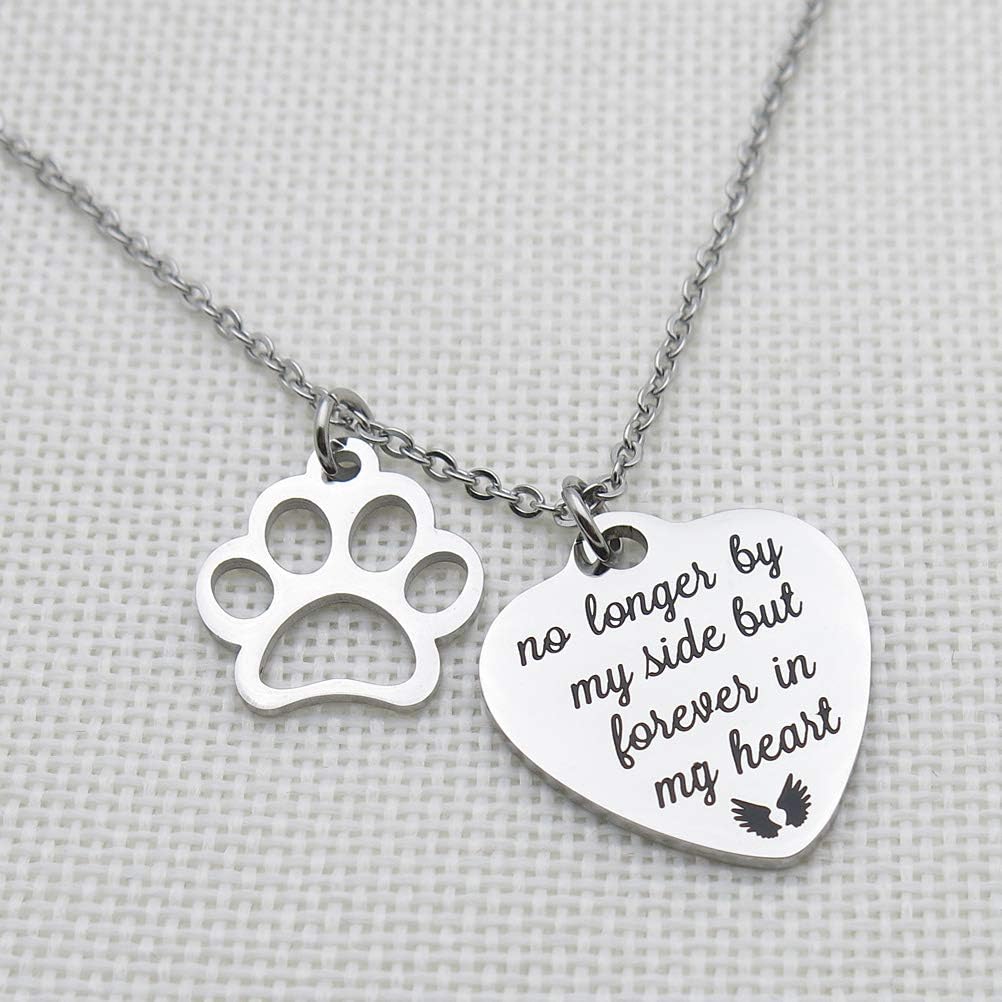 IDLAN Pet Memorial Gift No Longer by My Side But Forever in My Heart Stainless Steel Paw Prints Necklace Pet Sympathy Gift