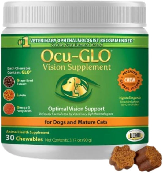 Ocu-GLO Cat & Dog Senior Supplement for Eye Support - Chewable Vision Vitamins Supplements for Large and Small Pets Care with Lutein, Omega-3 Fatty Acids, Grape Seed Extract & Antioxidants