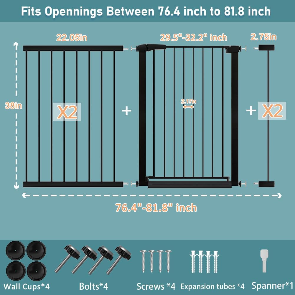 Fairy Baby 38" Extra Tall Baby Gate for Stairs Doorways, 48.9"-54.3" Adjustable Width Pet Dog Gate, Metal Pressure Mounted Auto Close Safety Child Gate for Kids Pets No Drilling, Black