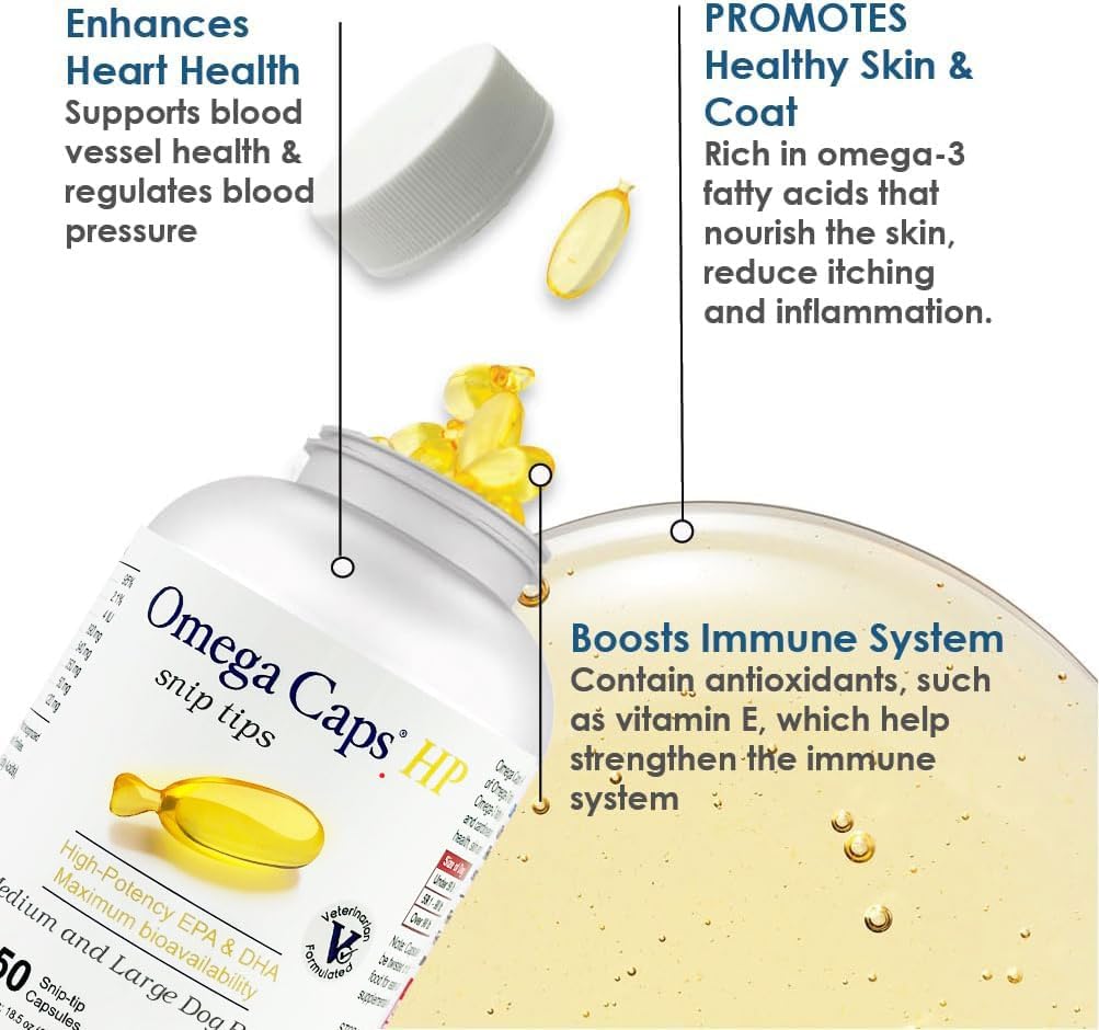 Omega Caps HP Snip Tips for Medium and Large Dogs High Potency EPA and DHA Maximum Bioavailability Fish Oil Supplement Vet Formulated Made in USA Skin Coat Joint and Heart Health 250 Capsules