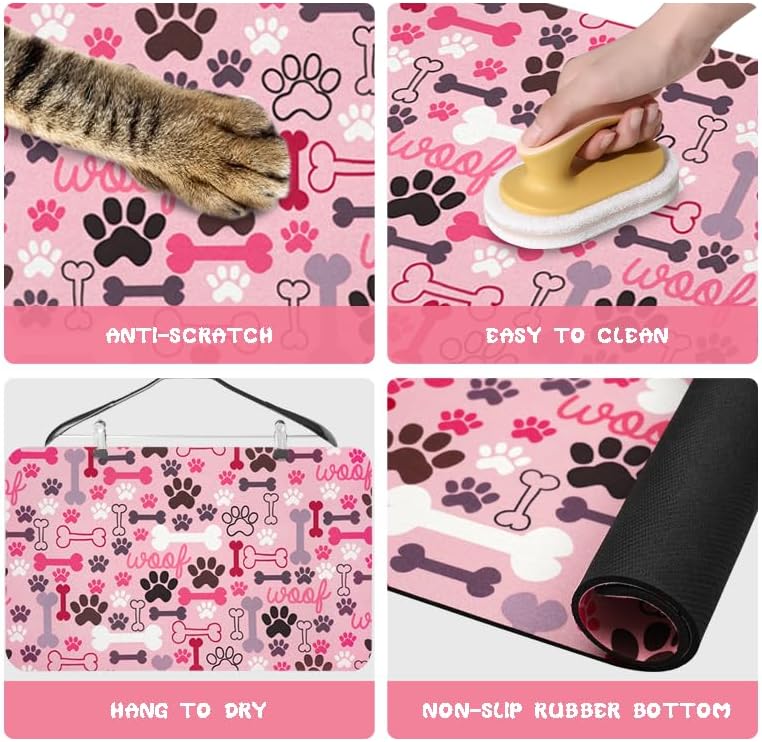 Dog Food Mats for Floors Waterproof, Pet Water Bowl Mats Pet Feeding Absorbent Placemats Pink 24 * 32 inch