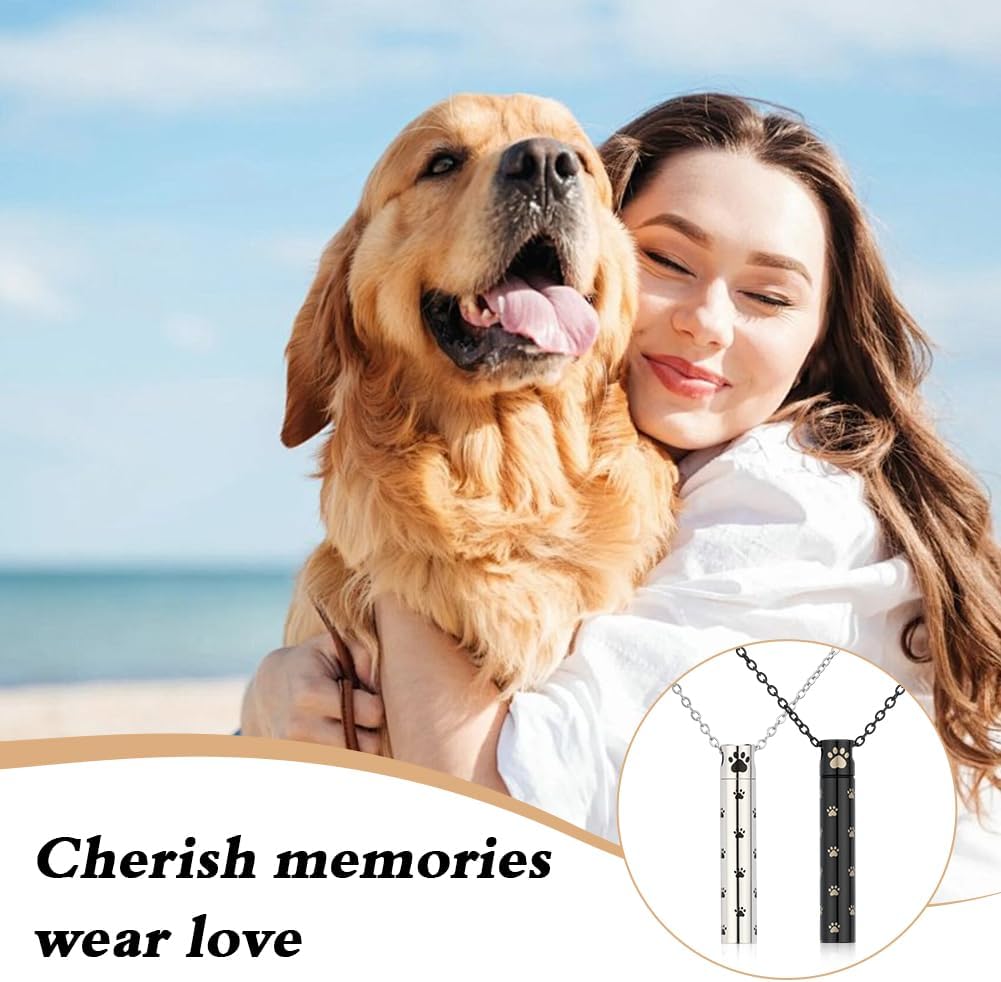 Dog Urn Necklaces for Ashes Paw Cylindrical Cremation Dog Paw Stainless Steel Pet Ashes Pendant for Puppy Pet Memorial Keepsake Jewelry 2PCS