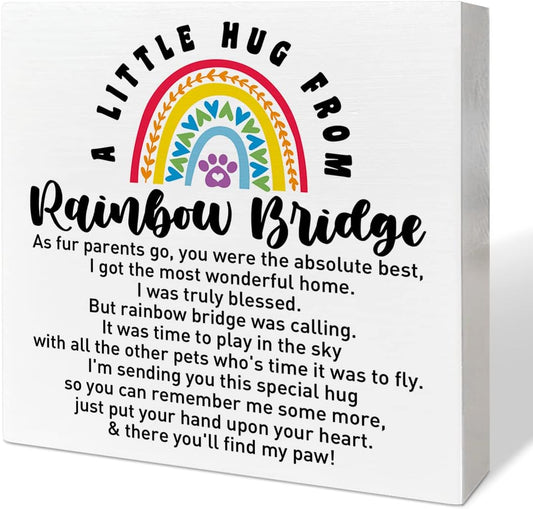 Memorial Gifts for Lose of Dog Cat, Pet Sympathy Gift Remembrance Gifts Loss of Cat Bereavement Gifts, A Little Hug from Rainbow Bridge, Dog Memorial Desk Decor Cat Sympathy Wooden Box Sign