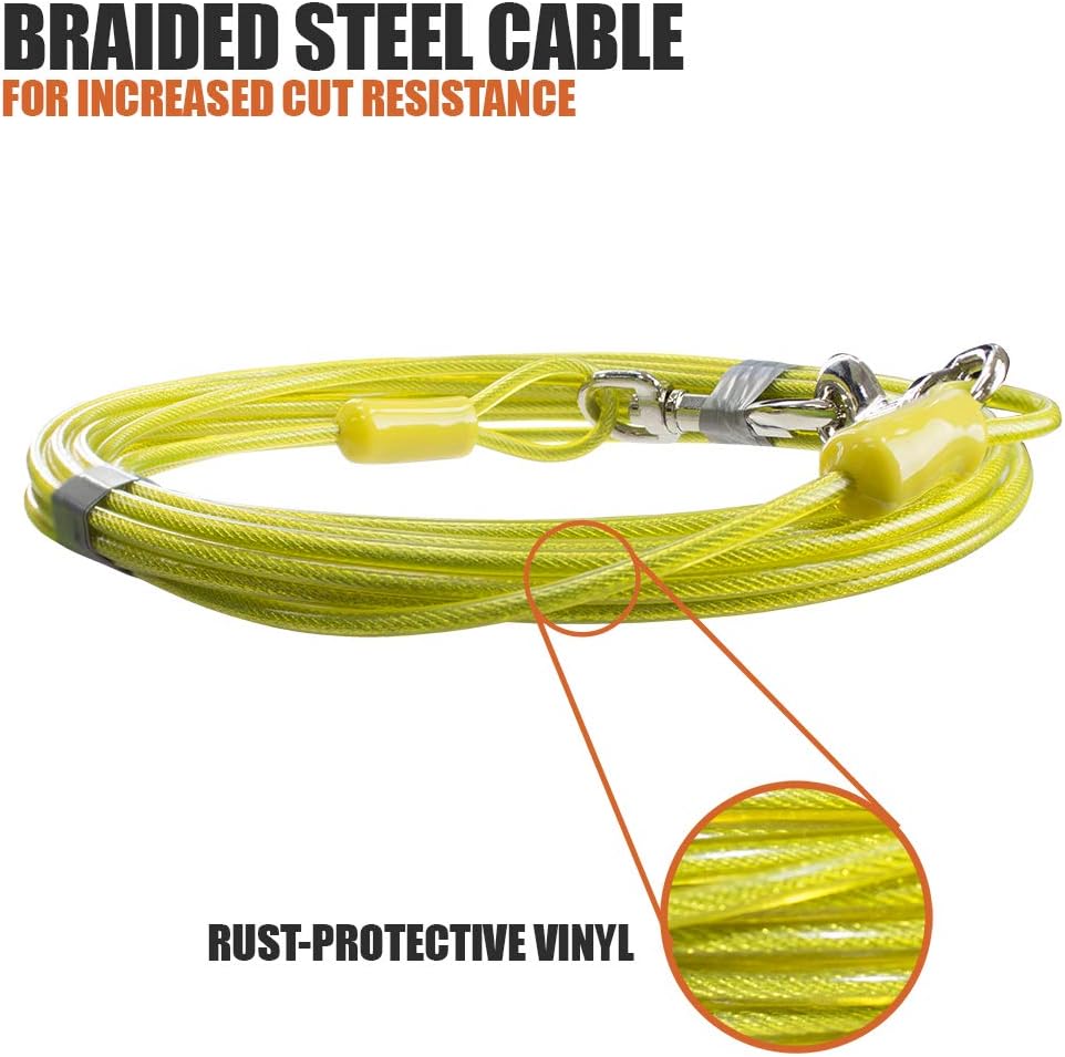 BV Dog Tie Out Cable 15 Feet - Heavy Duty Dog Lead Up to 35 Pounds - Reflective & Rust-Free with Quick Release Swivel Clips & 360° Rotating Clasp - Tangle-Free Dogs Runner for Yard (Yellow, Single)
