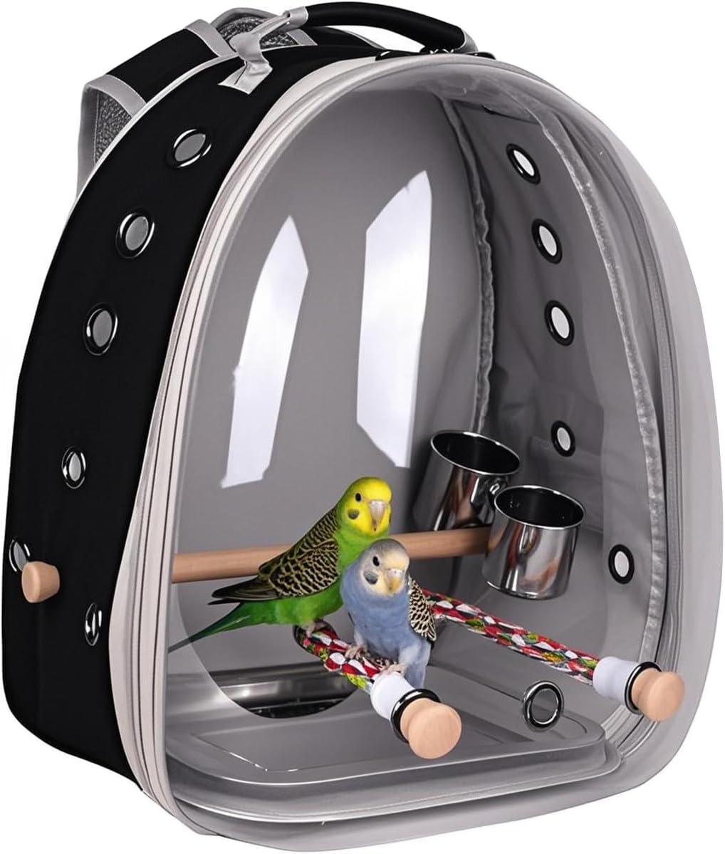 Bird Traval Carrier Cage, Multi Vent Holes Clear Space Capsule Astronaut Backpack to Carry Parakeet Cockatiel Parrot with Metal Tray Wood Perch, Vet Transport Book Bag