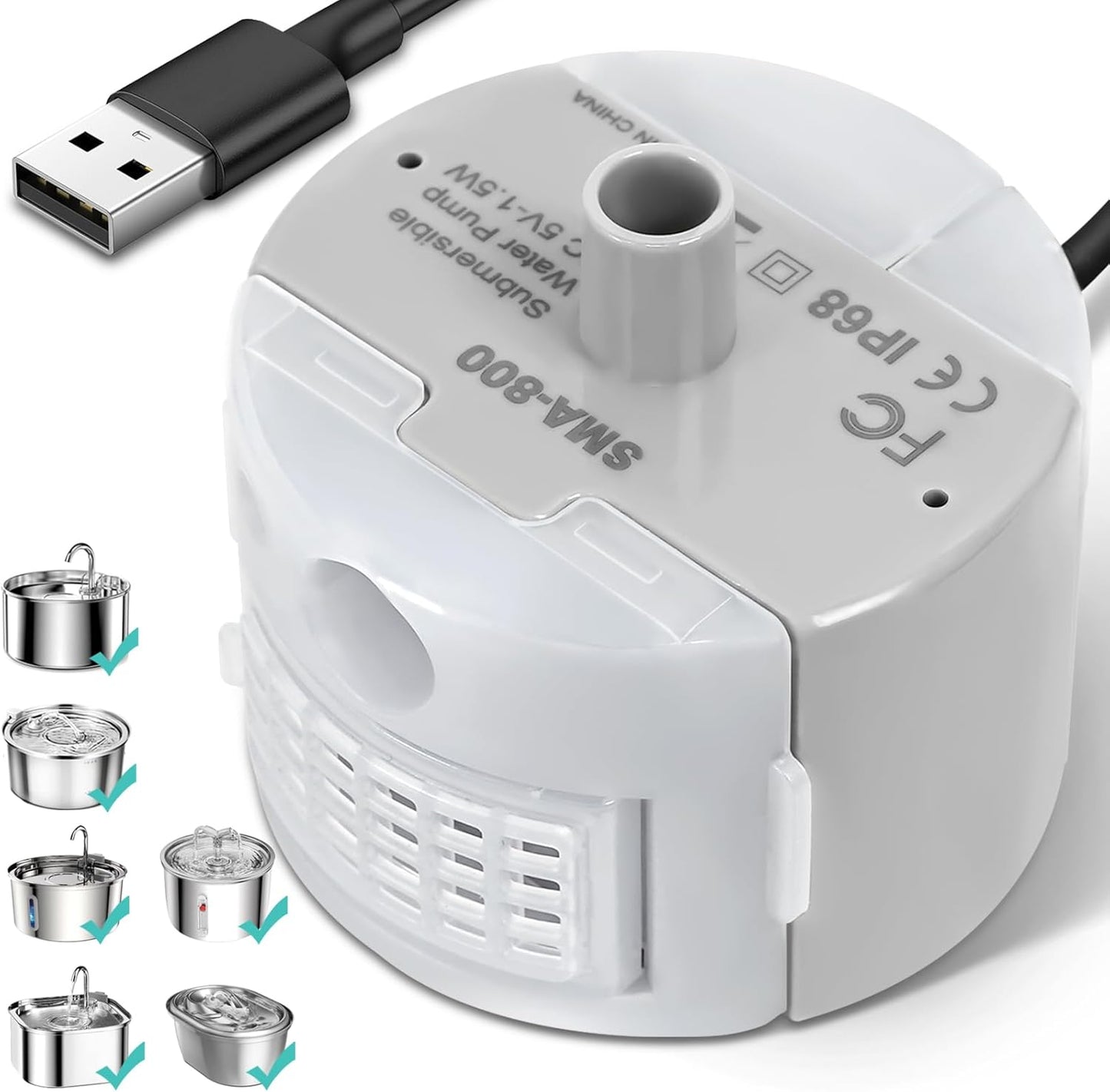 Ultra-Quiet Replacement Pump for Stainless Steel Cat Water Fountains - SMA-800 Motor - Safe and Easy to Clean with Low Voltage DC 5V and USB Cable (Side Suction Pump)