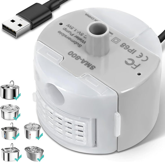 Ultra-Quiet Replacement Pump for Stainless Steel Cat Water Fountains - SMA-800 Motor - Safe and Easy to Clean with Low Voltage DC 5V and USB Cable (Side Suction Pump)