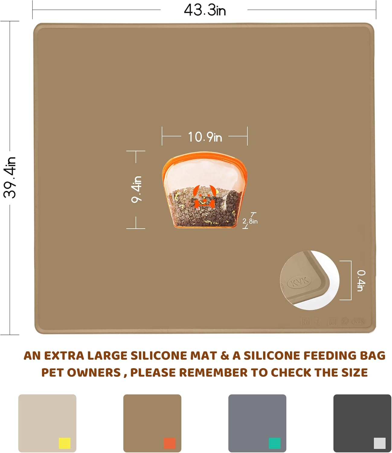 Extra Extra Large Silicone Dog Food Mat 39.4×43.3in and 128oz Silicone Bag Set, Super Size Waterproof Pet Feeding Mat & Container, Non-Slip, Chew-Resistant Floor Protection (Taupe&Orange)