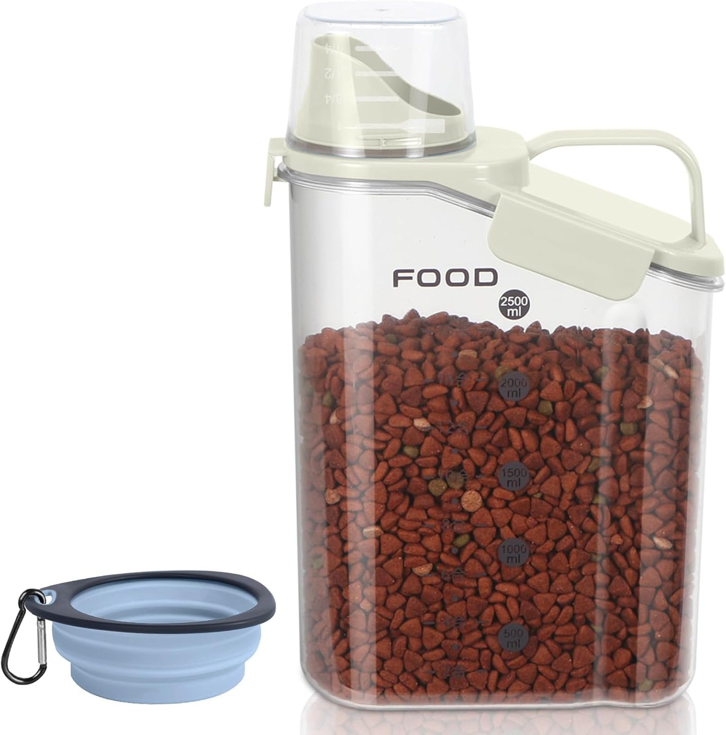 Dog Food Storage Container, Upgraded Large Nozzle BPA-free, 3-5 LBS Plastic Pet Food Storage Containers, With 4 Sealed Clasps, 1 Measuring Cup and Handle (Beige)
