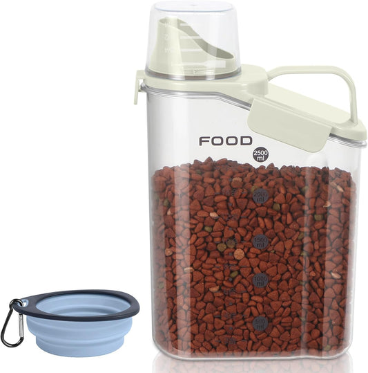 Dog Food Storage Container, Upgraded Large Nozzle BPA-free, 3-5 LBS Plastic Pet Food Storage Containers, With 4 Sealed Clasps, 1 Measuring Cup and Handle (Beige)