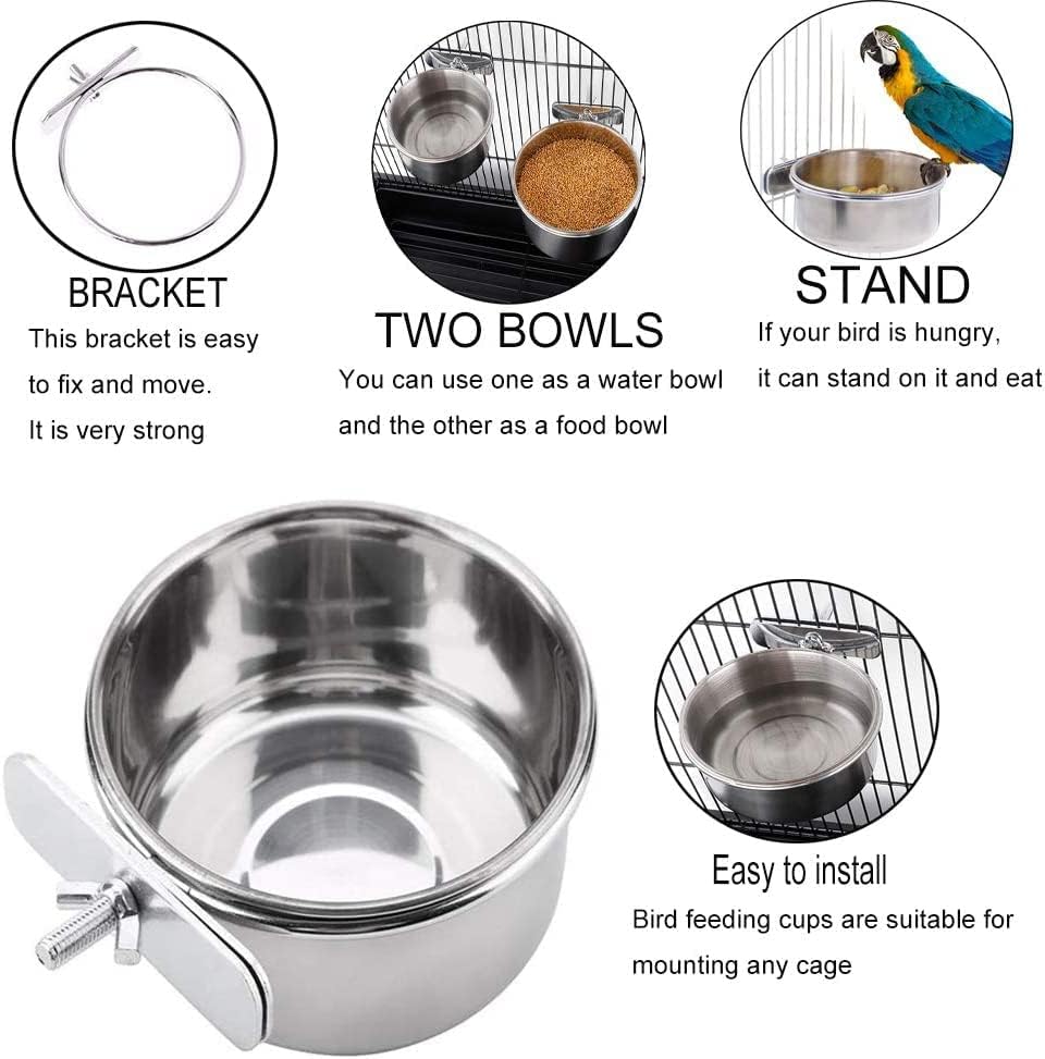 PINVNBY Parrot Feeding Cups Birds Food Dish Stainless Steel Parrot Feeders Water Cage Bowls with Clamp Holder for Cockatiel Conure Budgies Parakeet Parrot Macaw Small Animal Chinchilla Pack of 6