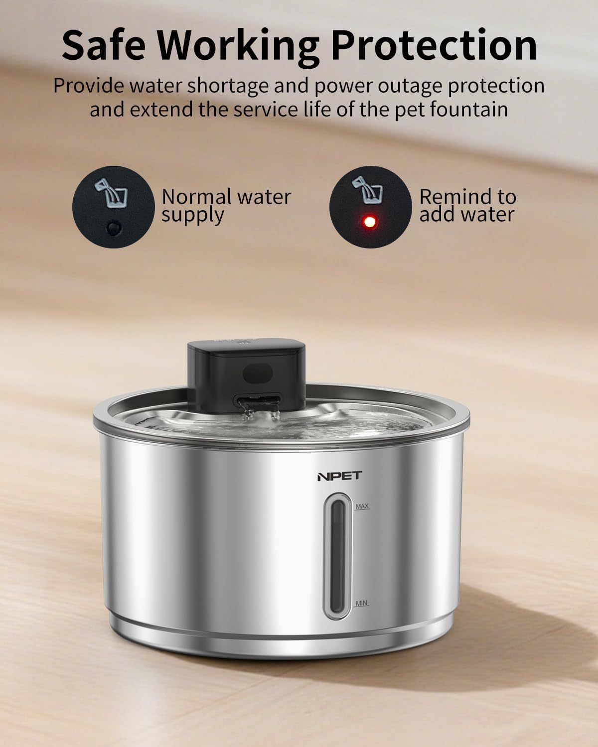 NPET Stainless Steel Wireless Cat Fountain, 1Gallon/135oz Battery Operated Automatic Pet Drinking Fountain - Cordless Dog Water Dispenser with Water Level Window for Cats Indoor