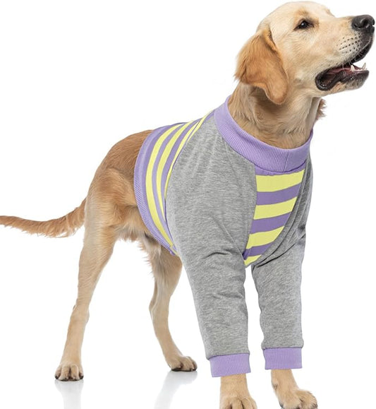 FUAMEY Dog Recovery Sleeve with Elbow Protector,Dogs Shirt Stop Licking Joints,Pet Long Sleeve Suit Protecting Dog's Front Leg Arm Wounds Cover Skin Conditions Purple Stripes XL