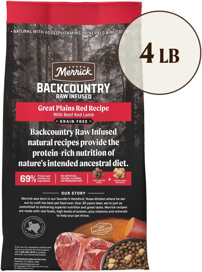 Merrick Backcountry Grain Free Dry Adult Dog Food Kibble With Freeze Dried Raw Pieces, Great Plains Red Recipe - 4.0 lb. Bag