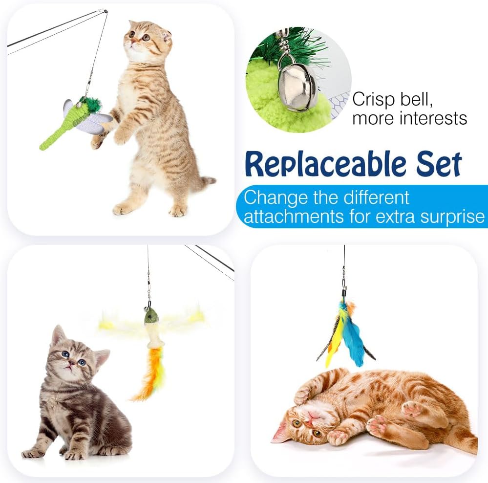 Pawaboo Cat Feather Toys, 4 Pack Interactive Cat Feather Teaser Wand Toys, Retractable Fishing Pole Wand Catcher Exerciser with Refill Fish, Dragonfly Worm with Bells, Fun Kitten Kitty Toy, Colorful
