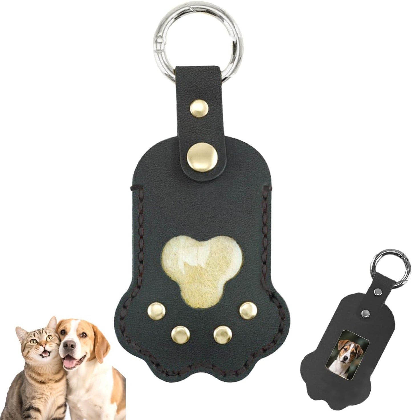 Leather Pet Memorial Keychain, Cat & Dog Hair Keychain, Cute Paw Shaped Keychain, Pet Memorial Gift for Pet Lovers, Key Holder with Collecting Pet Fur and Photo