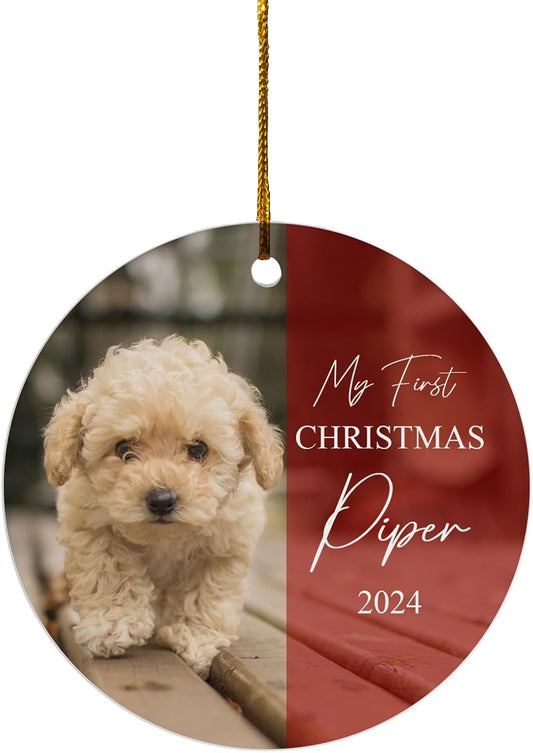FLOCHIL Personalized Dog Christmas Ornaments, Custom Photo Name for Christmas Trees, Dog First Christmas Ornaments, Best Gifts for Pet Lovers