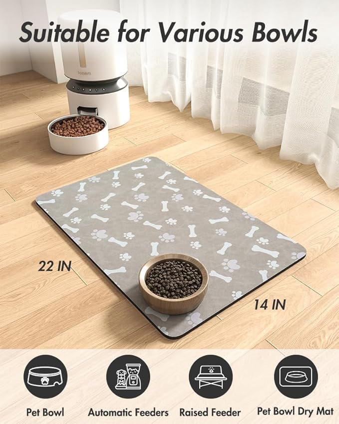 MontVoo Dog Food Mat-Pet Feeding Mat for Food and Water-No Stains Quick Dry Dispenser Cat Bowl Mat for Messy Drinkers(14"x22" Grey)