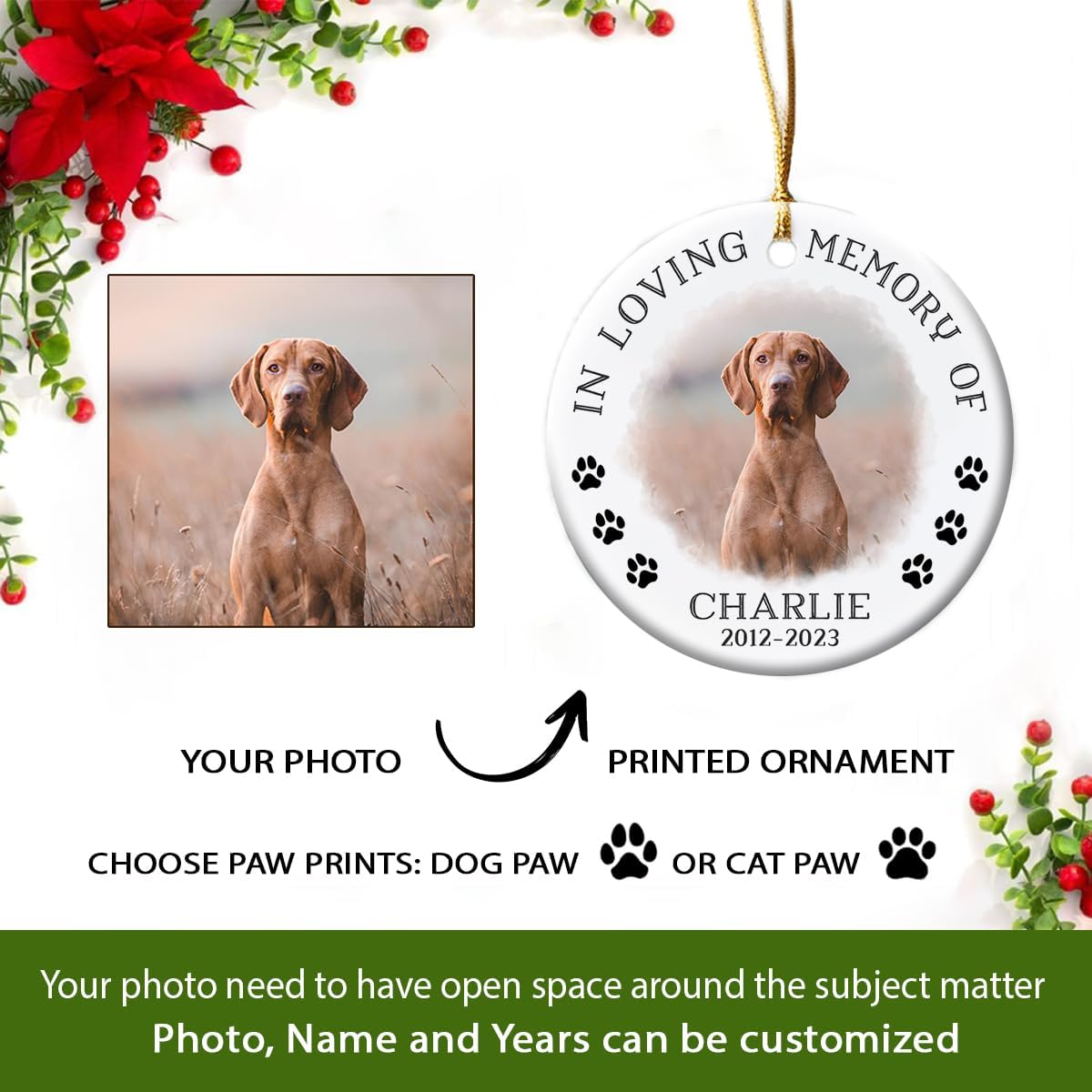 Personalized Pet Memorial Gifts for Loss of Dog or Cat, Pet Bereavement Ornaments, Christmas Decoration, Paw Print Ornament, Sympathy Gift, Dog Lover Gifts